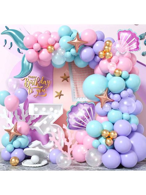 Multicolor  Collar  Latex   Embellished   Event & Party Supplies Mermaid Three Year Old Party, Pool Party Decorations For Kids, 1st Birthday Mermaid Theme, Mermaid 2nd Birthday Party, Mermaid Balloon Arch, Ocean Theme Birthday Party, Sea Birthday Party Decorations, Girls Mermaid Party, Mermaid Colors