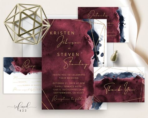 Burgundy Navy Gold Frame Watercolor Wedding Suite Modern - Etsy Australia Black And Burgundy Invitations, Black Burgundy Silver Wedding, Burgundy Black Wedding Decor, Maroon Black And Gold Wedding Theme, Burgundy And Black Fall Wedding, Black And Burgundy Wedding Decorations Table Settings, Burgundy Moody Wedding, Wine And Silver Wedding Colors, Cabernet And Black Wedding