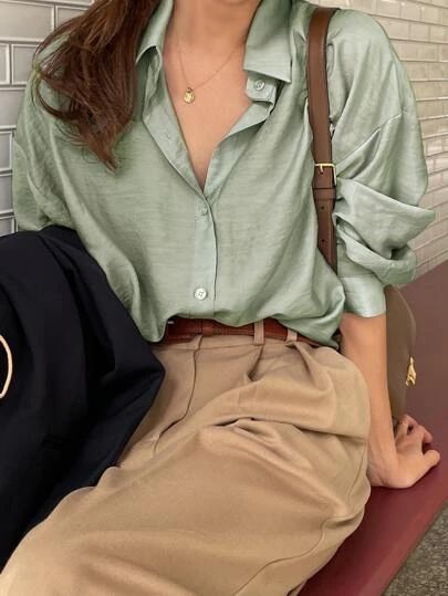 Search Button Up Shirt Women | SHEIN USA Buttons Up Outfit, Button Up Shirts Womens, Shein Minimalist Outfits, Women’s Button Down Shirt, Light Green Button Up Outfit, Button Up Women Outfit, Clean Outfits For Women, Loose Button Up Shirt Outfits, Buttoned Shirt Outfit