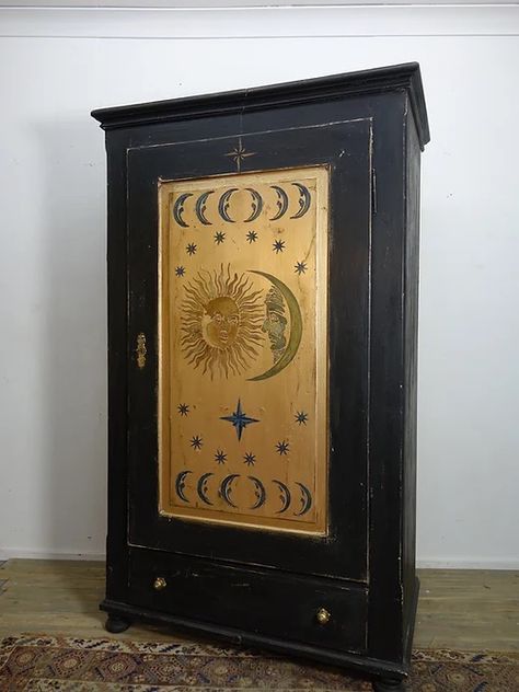 Whimsigoth Painted Furniture, Halloween Painted Furniture, Celestial Dresser, Symbolistic Art, Cupboard Painting Ideas Diy, Whimsical Bedroom, Furniture Remodeling, Reupholster Furniture, Unique Furniture Pieces