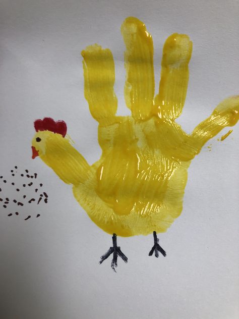 Handprint Chicken Craft, Yellow Handprint Craft, Yellow Art For Preschool, Chicken Handprint Art, Farm Animals Activities For Toddlers, Thumb Art, Farm Activities Preschool, Animal Crafts Preschool, Easy Preschool Crafts