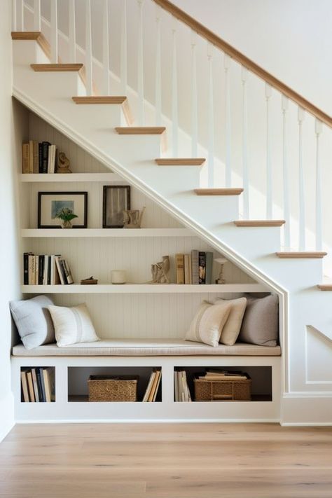 17 Clever Under Stairs Storage Ideas for Small Spaces – Addicted To Organization Under Stairs Cat Room Spaces, Under The Stairs Bookcase, Built In Shelves Under Stairs, Under Stair Shelving, Stair Well Design, Under Stairs Bookcase, Under Stairs Bookshelf, Under Open Stairs Ideas, Bookcase Under Stairs