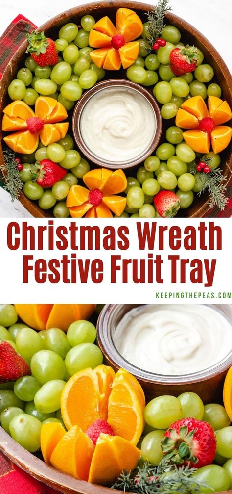 This easy Christmas fruit tray is arranged to look like a holiday wreath. With grapes, sliced oranges, raspberrie, and strawberries, with a creamy sweet vanilla dip. This festive and healthy platter will be enjoyed by all! Christmas Fruit Veggie Tray, Christmas Fruit Wreath Platter, Fruit Dip Christmas, Christmas Breakfast Fruit Ideas, Fruit Plate Christmas, Wreath Fruit Tray, Christmas Fruit And Cheese Platter, Christmas Fruit Salad Holidays, Christmas Party Fruit Tray Ideas