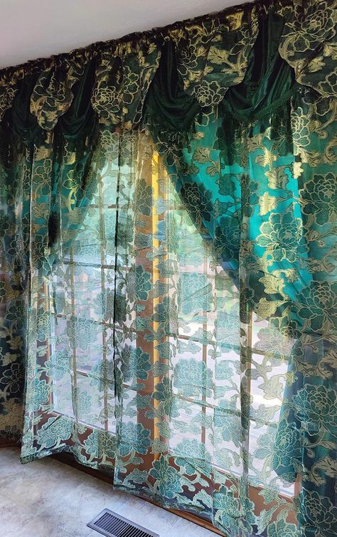 PRICES MAY VARY. 100% Polyester This curtain is of double layer. Front layer is clipped voile / voile jacquard with elegant floral design. Backing is taffeta fabric in matching solid color. One curtain rod is enough to have this nice curtain with both valance & backing now. It also gives flexible way for you to either tie the front curtain or the backing or together to achieve different decoration effect and meet different needs for the light. The curtain is with attached fancy valance, which ca Minimalist Blinds, Teal Curtains, Unique Curtains, Layered Curtains, Boho Style Bedroom, Stylish Curtains, Curtains For Bedroom, Massage Room, Dream Room Inspiration