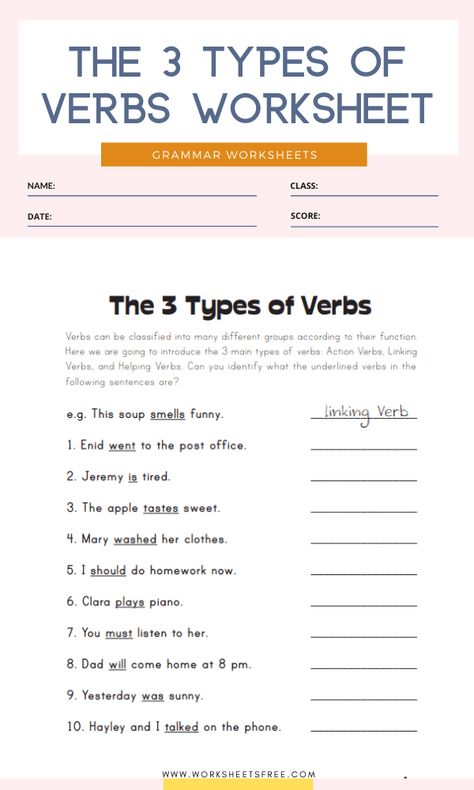 The 3 Types of Verbs Worksheet Verbs can be classified into many different groups according to their function. Here we are going to introduce the 3 main types of verbs: Action Verbs, Linking Verbs, a... Second Grade English, Action Verbs Activities, Linking Verbs Worksheet, Substitute Teacher Activities, Helping Verbs Worksheet, Nouns And Verbs Worksheets, Types Of Verbs, Verbs Activities, Verbs Worksheet