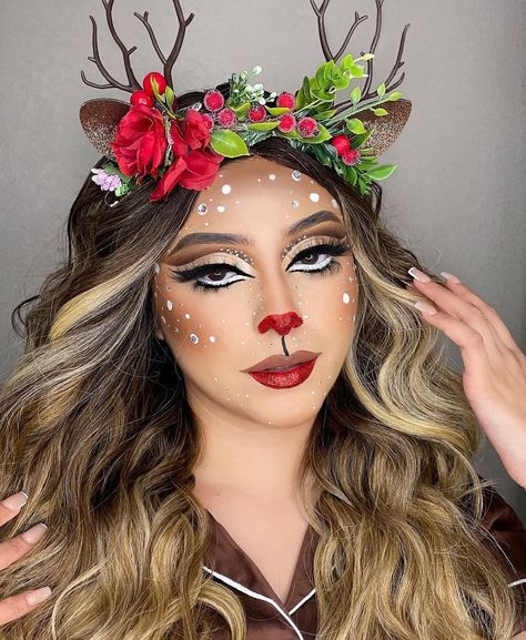 Diy Christmas Costumes, Reindeer Makeup, Bald Caps, Xmas Makeup, Deer Makeup, Makeup Advertisement, Christmas Makeup Look, Perfect Makeup Look, Makeup Before And After