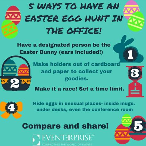 Office Easter fun! Ideas for an Easter egg hunt in the workplace from Eventerprise. Workplace Easter Egg Hunt, Easter Team Building Games, Fun Coworker Activities, Staff Easter Egg Hunt Ideas, Easter Office Games, Easter Office Ideas, Easter Marketing Ideas Business, Office Easter Egg Hunt Ideas, Workplace Fun Ideas