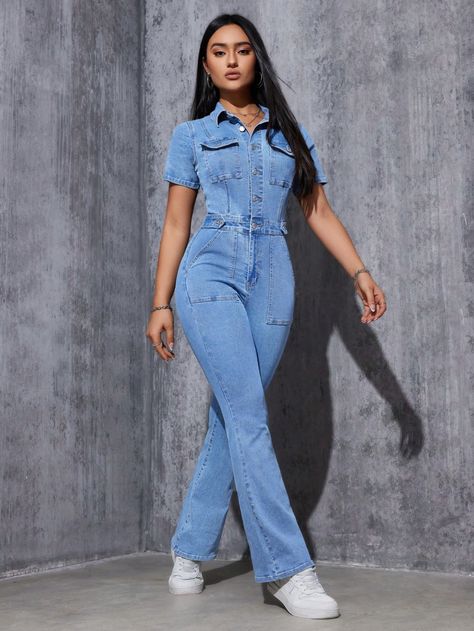 Light Wash Casual Collar Short Sleeve Denim Plain Shirt Embellished High Stretch  Women Clothing Jean Jumpsuit Outfit, Short Sleeve Denim Jumpsuit, Denim Jumpsuit Outfit, College Shopping, Short Sleeve Denim, Denim Jumpsuits, Jumpsuit Casual, Salopette Jeans, Jumpsuit Outfit