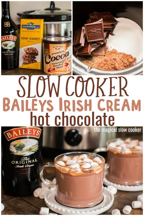 This Slow Cooker Baileys Irish Cream Hot Chocolate is perfect for the adults at your Christmas Party! #slowcooker #irishcream #baileys #christmas Irish Cream Hot Chocolate, Hot Chocolate Baileys, Alcoholic Hot Chocolate, Baileys Christmas, Crockpot Drinks, Baileys Irish Cream Recipes, Baileys Drinks, Boozy Hot Chocolate, Magical Slow Cooker