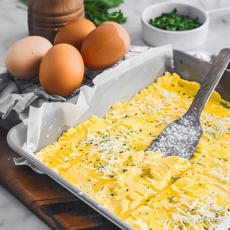 Fluffy Sheet Pan Eggs - Recipes, Tasks & Tools Baked Eggs Sheet Pan, Baked Scrambled Eggs Oven Sheet Pan, Fluffy Sheet Pan Eggs, Cookie Sheet Eggs, Oven Eggs Sheet Pan, Sheet Eggs In Oven, Sheet Pan Eggs In The Oven, Sheet Pan Eggs With Cottage Cheese, Egg Sheet Pan Bake