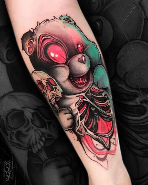 Creepy Color Tattoos, New School Tattoo Designs, Zombie Tattoo, Voodoo Doll Tattoo, Care Bear Tattoos, Zombie Tattoos, Monster Tattoo, Best Tattoo Ever, Evil Tattoo