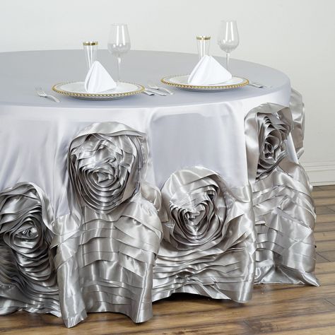 132" Silver Large Rosette Round Lamour Satin Tablecloth | eFavorMart Rosette Tablecloth, Satin Tablecloth, Round Tablecloths, Wedding Tablecloths, Wedding Cake Table, Bridal Table, Chair Sashes, 3d Rose, Banquet Tables