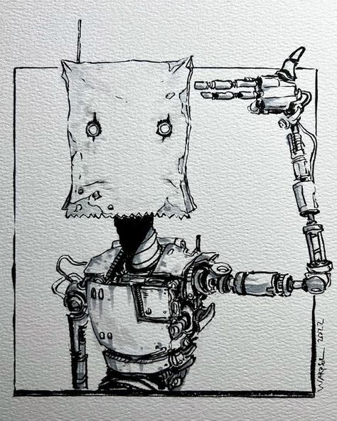 Easy Drawing Anatomy, Ink Art Illustration, Dystopian Robot Concept Art, Cool Artwork Ideas, Futuristic Drawings Sketch, Cute Ink Drawings, Ink Illustrations Easy, Anime Ink Art, Robot Drawing Reference