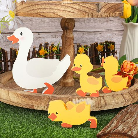 PRICES MAY VARY. Super Cute Easter Duck Family Decorations - The package comes with 4 styles of cute Easter wooden ducks (A mother duck and three cute baby ducks) tiered tray decorations, bringing you a warm, interesting, and vibrant feeling. Freestanding Easter Table Signs - Our cute Easter duck signs vary in size, the length and width are approximately 6", and 5" (little ducks - 2 1/2" to 3 1/2"). They can stand well on their own, with wonderful sizes to fit a tiered tray, decorating your tabl Duckling Theme Birthday, Duck Themed 1st Birthday, Duck Themed Birthday Party, Duck Signs, Duck Birthday Theme, Duck Craft, 5 Little Ducks, Wooden Ducks, Duck Bathroom