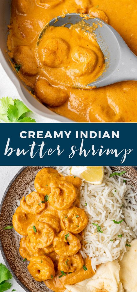 Tender and juicy Indian butter shrimp cooked in a creamy buttery masala sauce that is to die for. Serve with basmati rice or fresh naan and enjoy this tasty meal in under 30 minutes! Shrimp Recipes Indian Style, Seafood With Rice, Indian Butter Shrimp Recipes, Butter Shrimp Indian, Shrimp Indian Curry, Butter Curry Sauce, Unique Dinner Recipes Healthy, Rice With Sauce Recipes, Indian Korma Recipe