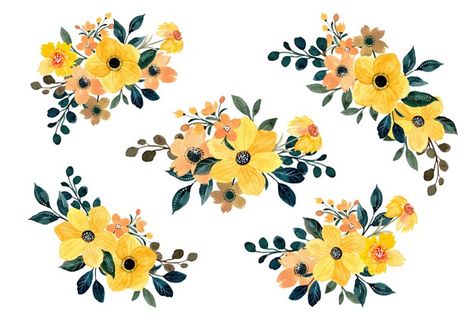 Yellow Flowers Drawing, Pink Watercolor Flower, Watercolor Floral Pattern, Flower Watercolor, Spring Landscape, Paper Floral, Bouquet Design, Leaf Background, Hand Drawn Flowers