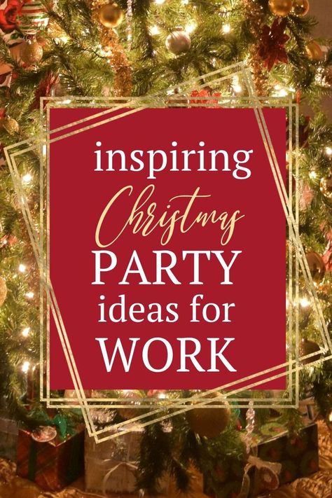 Inspiring Christmas party ideas for work. A decorated Christmas tree with a few presents under it. Christmas Party Ideas For Work, Staff Christmas Party Ideas, Christmas Party Themes For Adults, Work Christmas Party Ideas, Office Xmas Party, Christmas Party Centerpieces, Office Themed Party, Fun Christmas Party Ideas, Christmas Party Planning