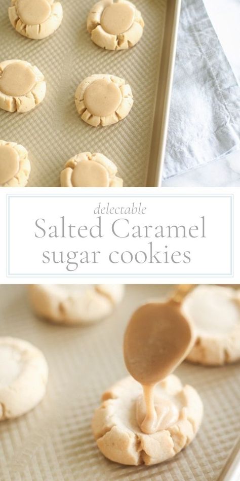 These Salted Caramel Sugar Cookies are a thick, soft, chewy sugar cookie, topped with a beautiful pool of salted caramel icing! You can easily make a batch in just 20 minutes and they are perfect for cookie exchanges! #caramel #sugarcookies #recipe #fall #christmas 2023 Cookies, Salted Caramel Icing, Chewy Sugar Cookie, Fall Cookie Recipes, No Bake Sugar Cookies, Salted Caramel Cookies, Caramel Icing, Julie Blanner, Cookie Table