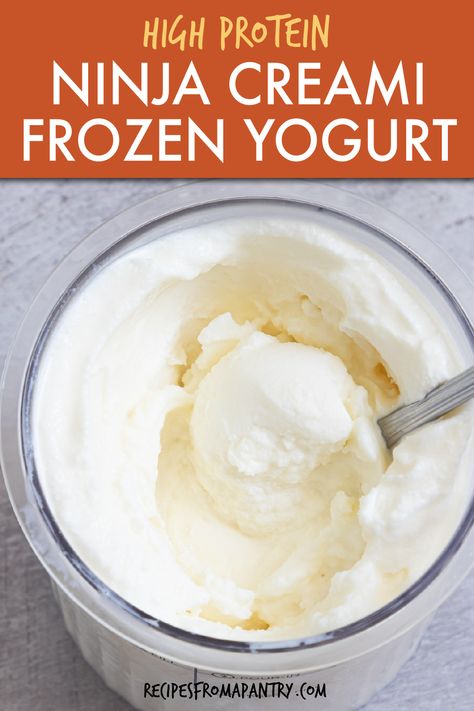 This 2 ingredient Ninja Creami frozen yogurt, is a thick and creamy snack, dessert or a healthy refreshment. It is a great guilt-free dessert to enjoy all season long especially for breakfast, brunch or hot summer days! You only need 2 ingredients including Greek yogurt and 5 minutes of prep to make this Ninja Creami Protein Frozen Yogurt. You can also make Ninja Creami Vanilla Frozen yogurt or Ninja Creami Chocolate Frozen Yogurt. Ninja Creamy Easy Recipes, Creami Frozen Yogurt, Healthy Nice Cream, Chocolate Frozen Yogurt, Frozen Yogurt Recipe, Protein Ice Cream Recipe, Easy Potluck, Frozen Greek Yogurt, Frozen Yogurt Recipes