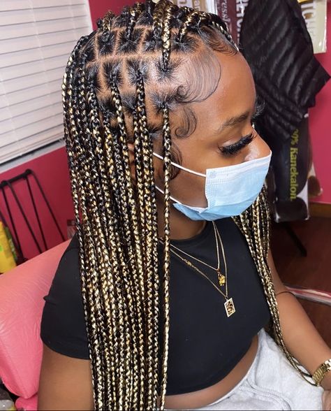 Blonde Black Box Braids, Blonde Braids Black Women Dark Skin, Regular Braids, Blonde Braiding Hair, Braids Blonde, Braiding Hair Colors, Blonde Box Braids, Top Knots, Blonde Braids