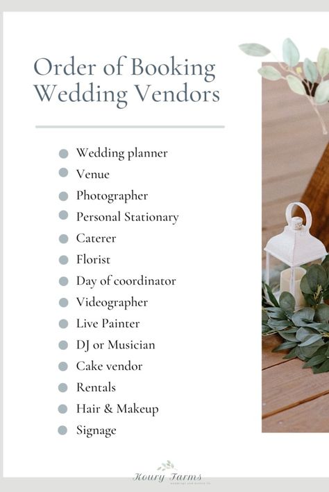 Wedding Vendor Checklist - kouryfarmsweddingsandevents.com Wedding Vendor Booking Timeline, Wedding Planning Vendor Checklist, Vendors For Wedding Checklist, Vendor Checklist Wedding, When To Book Wedding Vendors, List Of Wedding Vendors Needed, Order Of Wedding Planning, Wedding Vendor Checklist, Gala Checklist