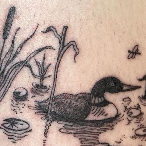 Duck Pond Tattoo, Jack Pine Tattoo, Simple River Tattoo, Lake Scene Tattoo, Pond Tattoo Ideas, Wood Duck Tattoo, Mallard Duck Tattoo, Loon Tattoo Ideas, Swamp Tattoo