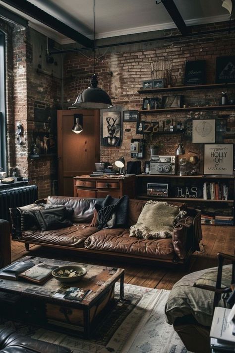 Dark Living Room Ideas, Dark Living Rooms, Industrial Style Decor, Loft Stil, Industrial Living, Industrial Livingroom, Future Apartment Decor, Loft Interiors, Industrial Interior Design