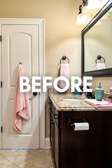 Looking for bathroom ideas? Check out this colorful and budget-friendly bathroom makeover reveal! We totally transformed our daughter's bathroom for less than $1,700 (compared to the national average of $8,100) and without doing a full gut bathroom remodel. Some clever decor and repurposing saved us THOUSANDS OF DOLLARS! Click to learn how we did it! Cheap Bathroom Makeover, Clever Decor, Tan Bathroom, Bathroom On A Budget, Rental Bathroom, Girly Bathroom, Cheap Bathroom Remodel, Old Bathroom, Brown Cabinets