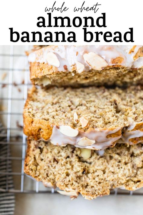 Healthy ALMOND BANANA BREAD is a fun spin on traditional banana bread. It's made with whole wheat flour, sliced almonds and topped with a simple almond glaze #bananabread #almondbananabread Banana Bread With Almonds, Banana Bread With Almond Milk, Almond Banana Bread Recipe, Almond Flower Banana Bread, Banana Almond Flour Bread, Almond Meal Banana Bread, Banana Almond Bread, Banana Bread With Almond Flour, Fancy Pastries