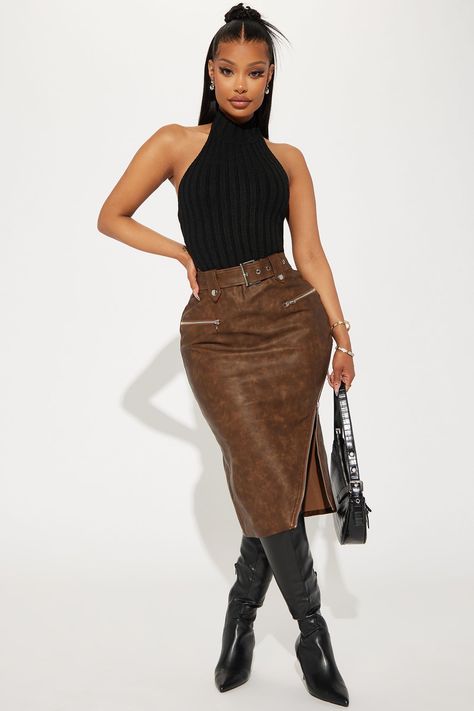 Available In Brown. Midi Skirt High Rise Belted Invisible Back Zipper Adjustable Side Zipper Washed Faux Leather Fully Lined Non Stretch Disclaimer: Due To The Specialized Wash, Each Garment Is Unique. Shell Coating 100% Polyurethane Ground: 100% Viscose Lining: 95% Polyester 5% Spandex Imported | Becky Washed Faux Leather Midi Skirt in Brown size Large by Fashion Nova Brown Midi Skirt, Faux Leather Midi Skirt, Fashion Nova Outfits, Leather Midi Skirt, Classy Casual Outfits, Classy Casual, Brown Fashion, Skirt Fashion, Classy Outfits