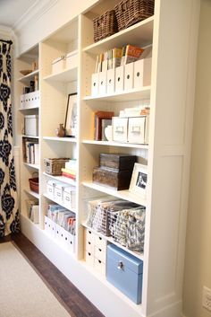 Ikea Billy bookcases with beadboard back, baseboard & crown molding and batten trim on endpieces ~ Our House: Room by Room