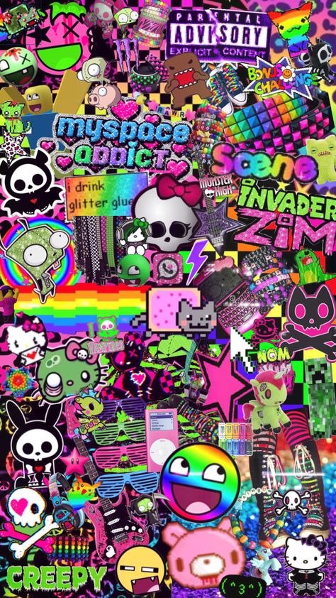 Scene Wallpaper Iphone, Scene Kid Wallpaper, Scene Emo Wallpaper, Scene Kid Aesthetic, Scene Core Wallpaper, Rainbow Scene, Y2k Scene, Scene Icons, Scenecore Art