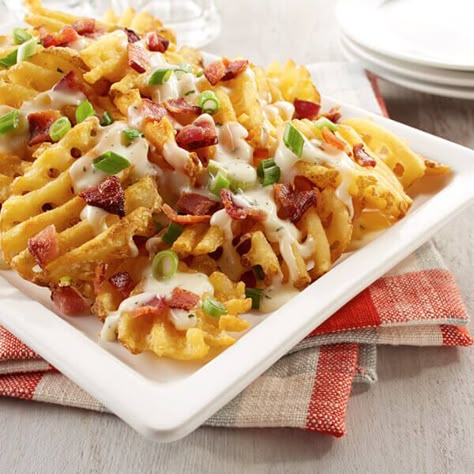 Loaded Baked Potato Cheese Fries Recipe | Land O’Lakes Cheese Fries Recipe, Cheesy Fries, Cheesy Ranch, Ranch Sauce, French Fries Recipe, Potato Cheese, Crispy Waffle, Homemade French Fries, Frozen Waffles