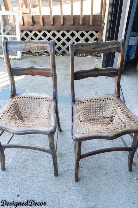 Cain Chairs, Wooden Chair Makeover, Refinished Chairs, Old Wooden Chairs, Antique Wooden Chairs, Cane Chairs, Chair Redo, Wood Chair Design, Antique Dining Chairs