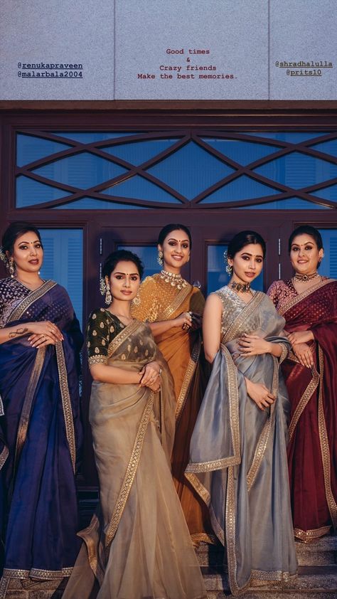 Saree Look For Bridesmaids, Saree For Engagement Bridesmaid, Bridesmaid Sarees South Indian, Saree Ideas For Bridesmaids, Bridesmaid In Saree, Sarees For Bridesmaids, South Indian Bridesmaids Saree, Group Saree Poses, Saree For Friends Wedding