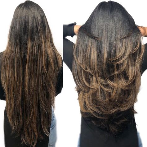 Extra-Long Piece-y Flipped Up V-Cut Long Brown Hair With Layers Balayage, One Length Vs Layers Long Hair, Layers For Extra Long Hair, Extra Long Haircuts, Long Hairstyles Cuts Haircuts, Very Layered Hair Long, Hair For Long Haircuts, Long Graduation Haircut, Long Cut Hairstyles