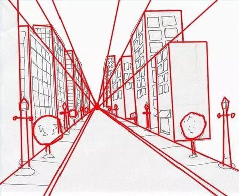 One Vanishing Point Perspective, City Art Tutorial, One Vanishing Point Drawing, Drawing Street Sketch, Line Perspective Drawing, Space Perspective Drawing, Space Drawing Perspective, 1point Perspective Drawing, Vanishing Point Drawing