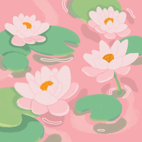 Lily Pad Drawing Easy, Spring Aesthetic Drawing, Lotus Illustration Art, Water Lily Flower Drawing, Cute Pond Drawings, Lotus Aesthetic Art, Lotus Flower Illustration, Lotus Anime, Lotus Aesthetic