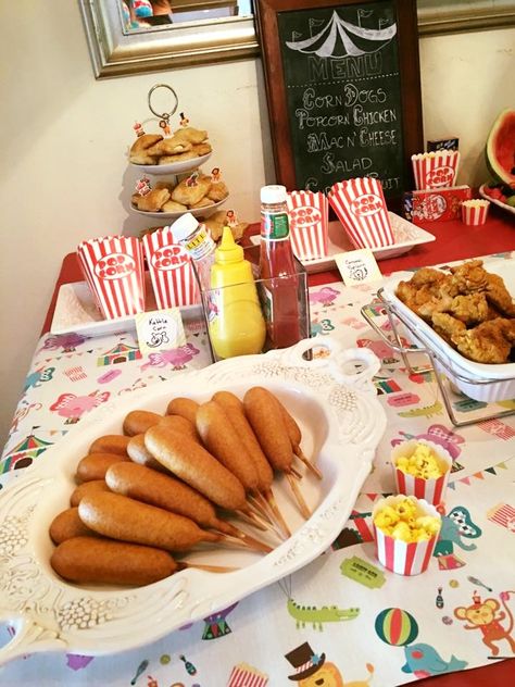 Upscale Carnival Food, Five Ring Circus Birthday Party, Circus Party Snack Ideas, 3rd Birthday Circus Theme, Food For Carnival Themed Party, Third Birthday Carnival Theme, Circus Birthday Food Ideas, Carnival Birthday Party Foods, 3rd Birthday Carnival Theme