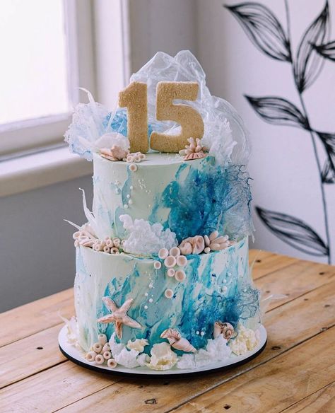 Birthday Cake Ocean, Ombre Ruffle Cake, Cake Ocean, Ocean Birthday Cakes, Beach Birthday Cake, Ocean Cake, Beach Theme Wedding Cakes, Cake Design Ideas, Beach Themed Cakes