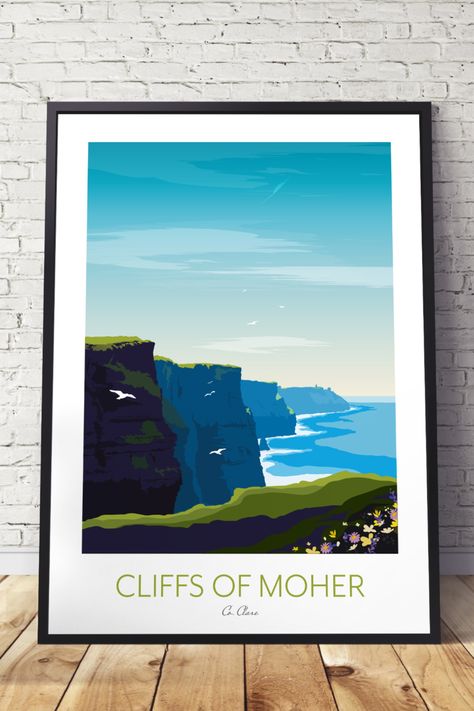 Cliffs of Moher, Irish art print. This amazing minimalist artwork is modern, vibrant and colourful. A beautiful art print that captures the beauty of Ireland's rugged coastal landscape, from the comfort of your home. Ireland Coastline, Irish Wall Art, Giant's Causeway, Irish Landscape, Ireland Landscape, Cliffs Of Moher, Irish Art, Minimalist Artwork, Outside World