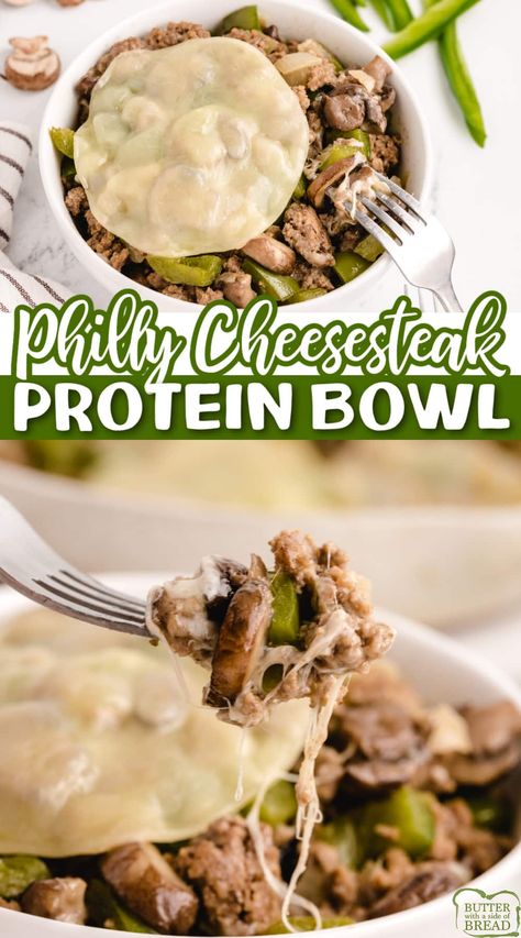 PHILLY CHEESESTEAK BOWLS - Butter with a Side of Bread Healthy Low Carb Dinners, High Protein Dinner, Breakfast Low Carb, High Protein Meal Prep, Healthy High Protein Meals, High Protein Low Carb Recipes, Easy Healthy Meal Prep, Philly Cheesesteak, Macro Meals