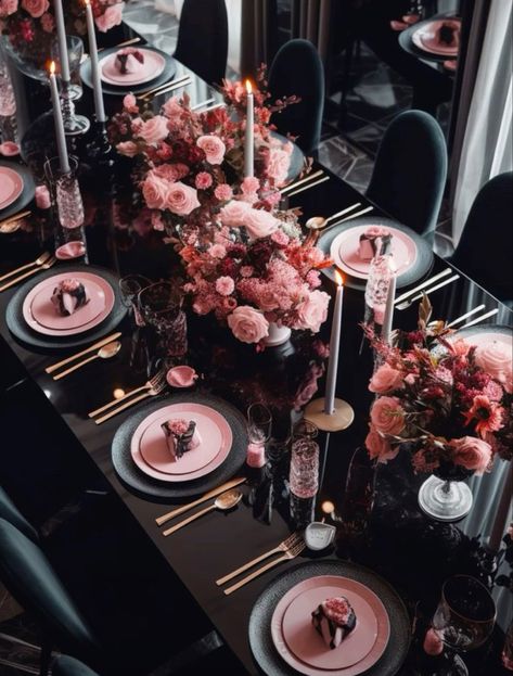 Wedding Colors Black And Rose Gold, Fabulous Party Ideas Decor, Pink Black Gold Party Decoration Table Settings, Black Tablecloth Pink Flowers, Black And Peach Wedding Decor, Black And Rose Gold Rustic Wedding, Black And Pink 50th Birthday Party, Pink And Brown Table Decorations, Black Pink Table Setting