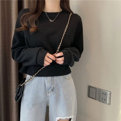 Shinsei Plain Cropped Sweatshirt | YesStyle Mini Pencil Skirt Outfits, Female Hoodie, Pullover Crop Top, Simple Sweatshirt, Khaki Tops, Graduation Party Dresses, Pencil Skirt Outfits, Clothing Female, Party Women