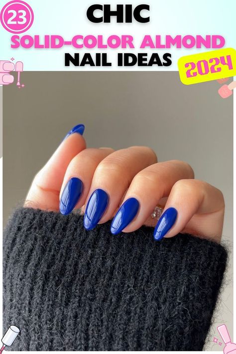 Vibrant blue almond-shaped nails with a subtle shine on medium-length gel nails. Great for adding a pop of color to both casual and formal outfits. Solid-color almond nails that are trendy and versatile. Nail Ideas Tips, Almond Nail Ideas, Almond Nail, Formal Outfits, Shine On, Vibrant Blue, Formal Outfit, Solid Tops, Almond Nails