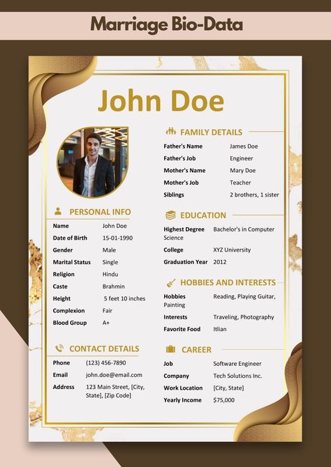 Marriage Biodata Templates | Format for Matrimonial Biodata Word Marriage Biodata Format For Boy, Marriage Biodata Format, Bio Data For Marriage, Biodata Format, 2 Brothers, Bio Data, Blood Groups, Graduation Year, Hobbies And Interests