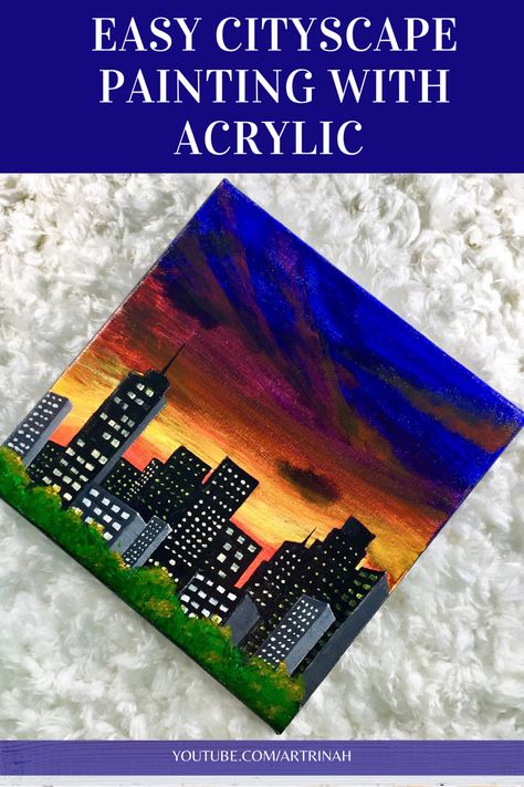 Check out this dramatic night sky in the city painting video. Night City Painting Acrylic Easy, City Skyline Painting Easy, Easy Cityscape Painting, Night City Painting Easy, City Painting Acrylic Easy, City Painting Easy, City Night Painting, City Canvas Painting, City Scape Painting