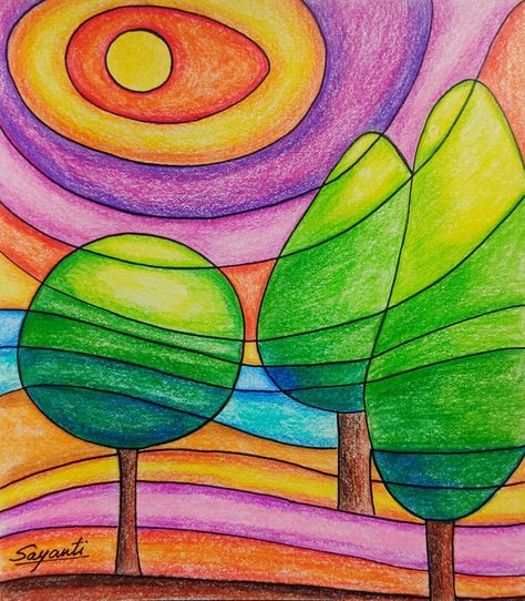 Easy Landscape idea in colour pencil for kids Pencil For Kids, Landscape Drawing Ideas, Easy Landscape, Color Pencil Sketch, Pencil Drawings For Beginners, Colour Pencil, Pencil Drawings Easy, Oil Pastel Drawings, Lukisan Cat Air