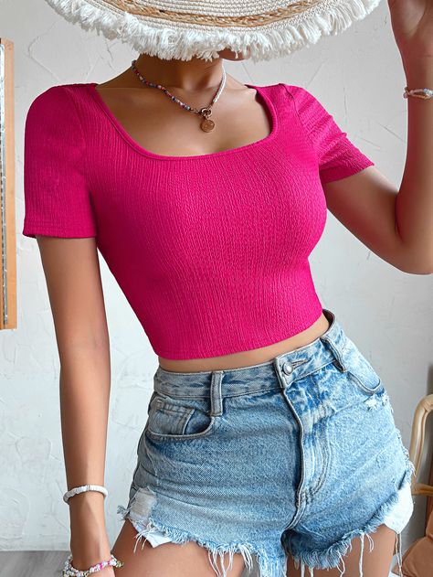 Rosa Fucsia Casual Collar manga corta Poliéster Liso  Embellished Elástico Ligero Verano Tops & Blusas & Camisetas de Mujer Neon Pink Crop Top, Pink Top Outfit, Moda Ulzzang, Blusas Crop Top, Neon Top, Rosa Neon, Belly Shirts, Hot Pink Tops, Pink Crop Top