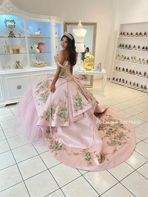 Pink And White Charro Dress, Quince Dresses Unique, Multicolored Quinceanera Dresses, Pink Quince Dresses Mexican, Pink Charro Quince Dress, Strawberry Quince Dress, White Floral Quinceanera Dresses, Charo Quinceanera Dresses Pink, Pink Floral Quinceanera Dress